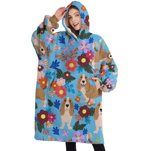 Oversized Wearable Blanket Hoodie,Basset Hound Dog and Flower Sherpa Blanket Hoodie with Super Pockets,Super Warm Fuzzy Pullover for Women & Men