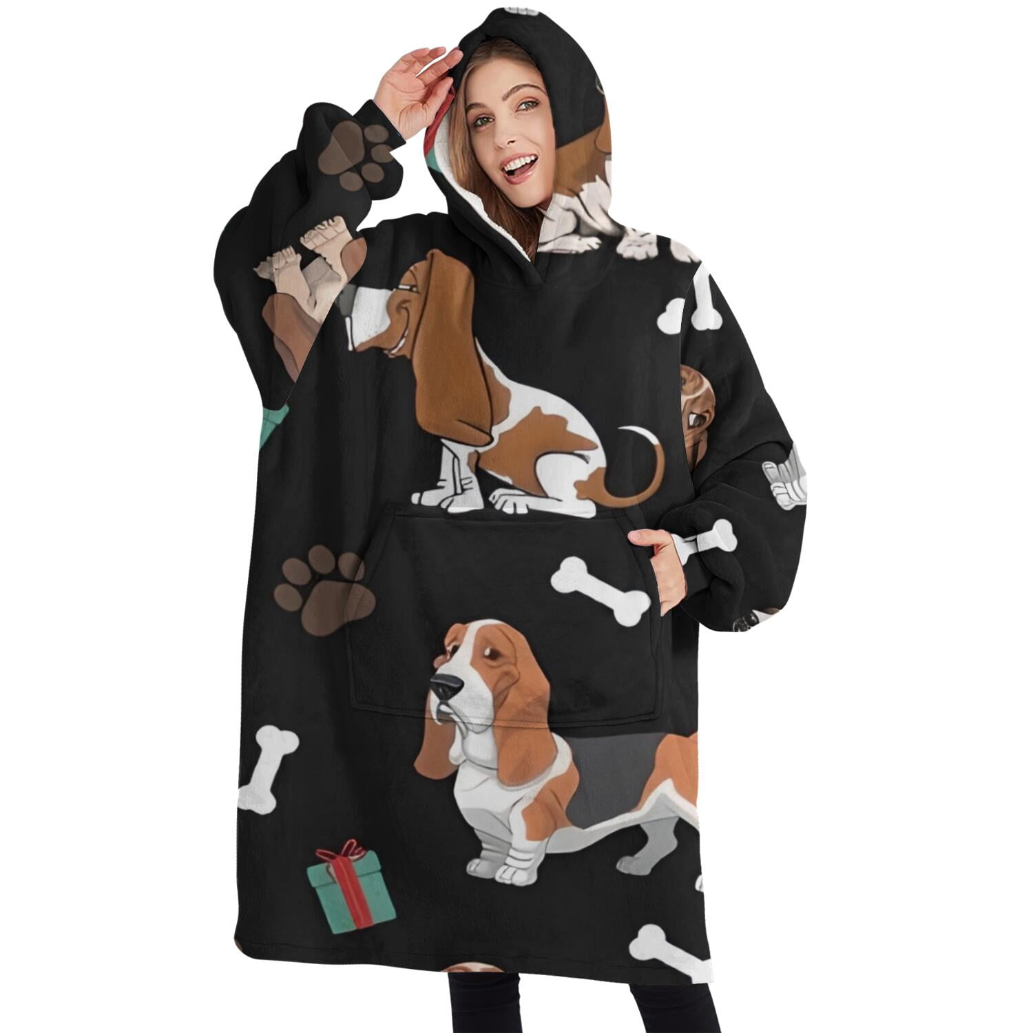 Oversized Wearable Blanket Hoodie,Basset Hounds with Bones and Presents Sherpa Blanket Hoodie with Super Pockets,Super Warm Fuzzy Pullover for Women & Men