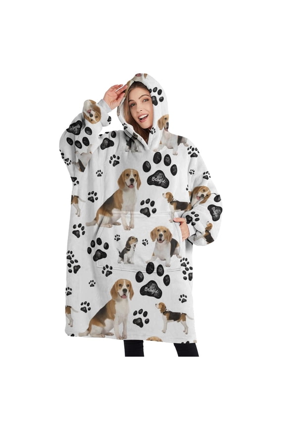 Oversized Wearable Blanket Hoodie,Beagle Dog and Footprints Sherpa Blanket Hoodie with Super Pockets,Super Warm Fuzzy Pullover for Women & Men