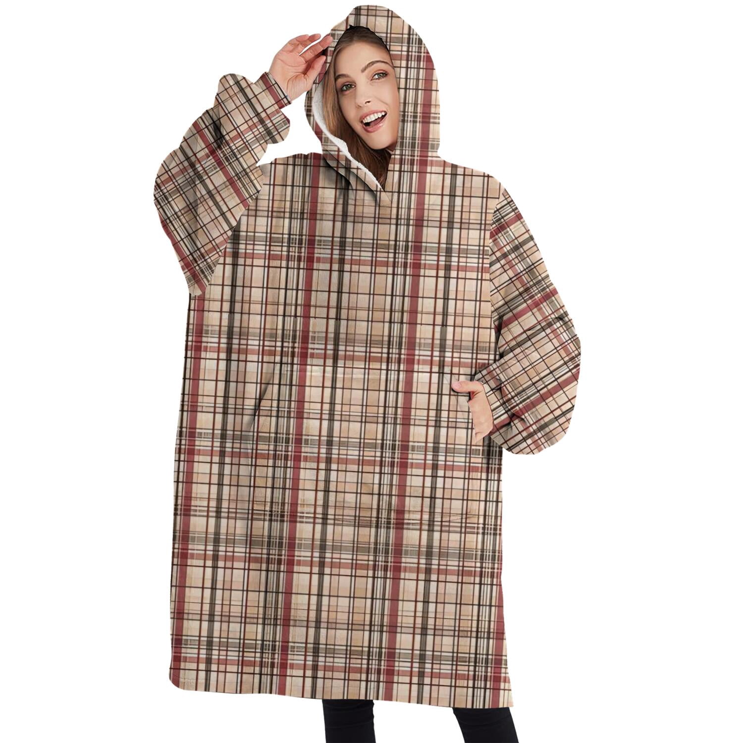 Oversized Wearable Blanket Hoodie,Beige Brown and Red Checkered Pattern Sherpa Blanket Hoodie with Super Pockets,Super Warm Fuzzy Pullover for Women & Men