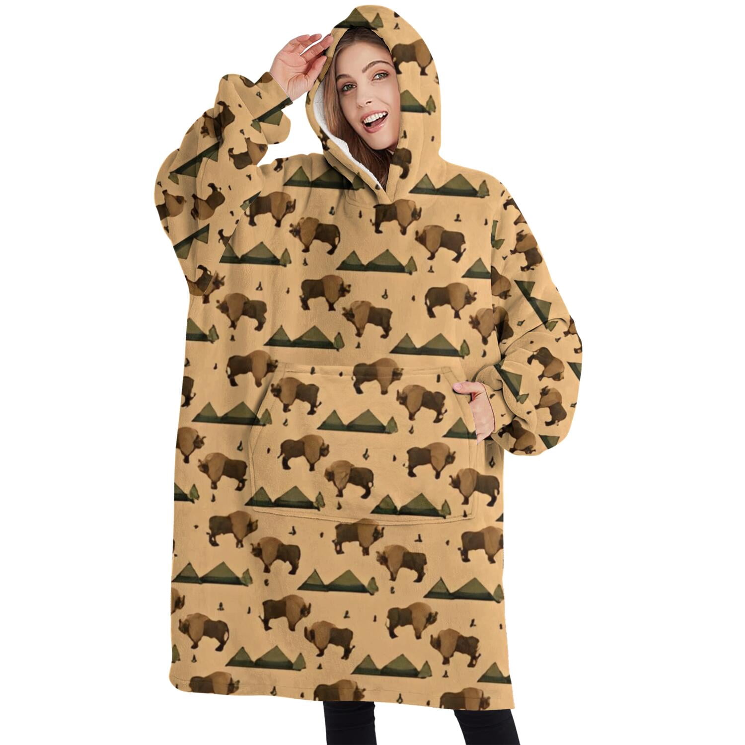 Oversized Wearable Blanket Hoodie,Beige Buffalo Pattern Sherpa Blanket Hoodie with Super Pockets,Super Warm Fuzzy Pullover for Women & Men