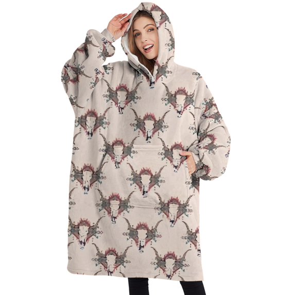 Oversized Wearable Blanket Hoodie,Beige Buffalo Skull Pattern Sherpa Blanket Hoodie with Super Pockets,Super Warm Fuzzy Pullover for Women & Men