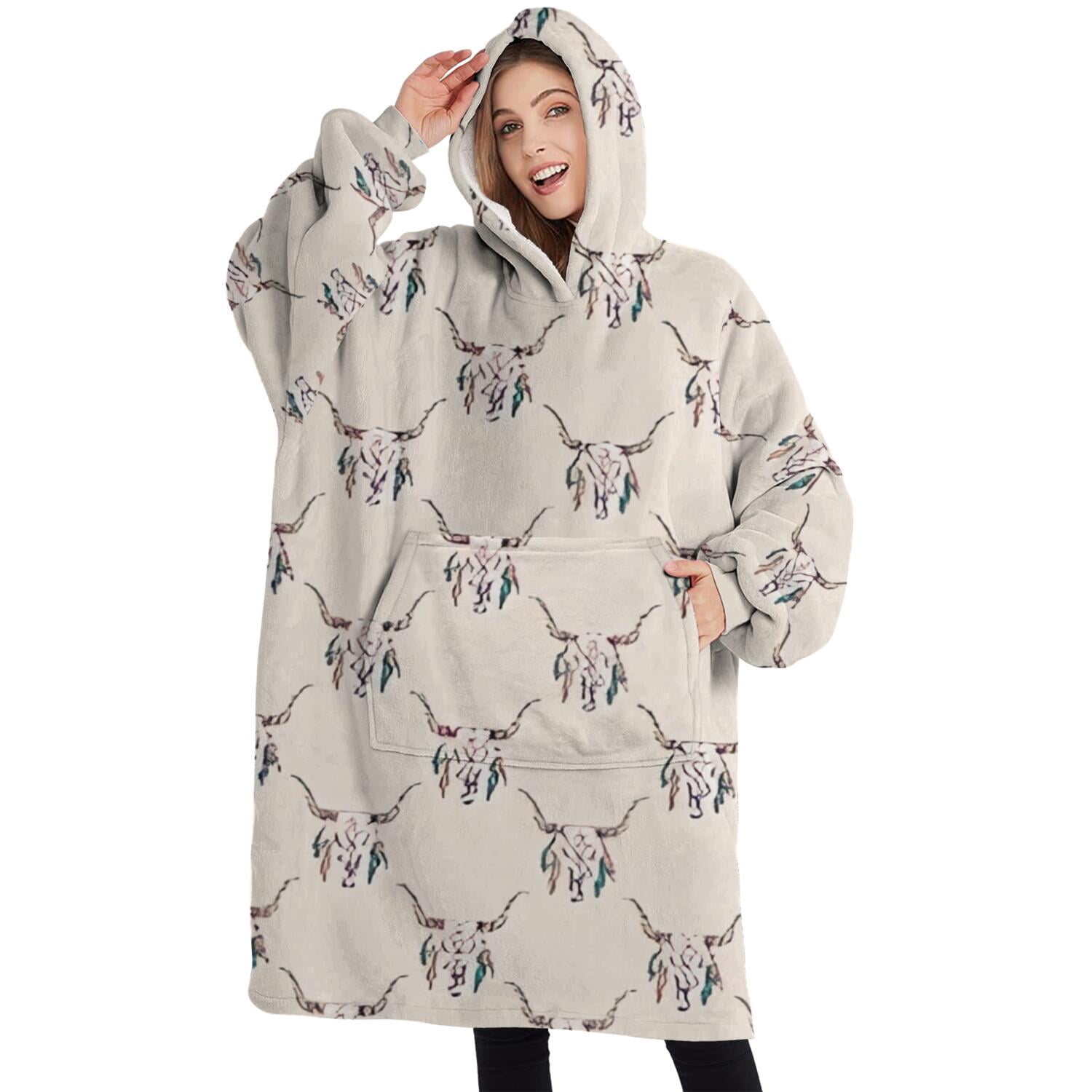 Oversized Wearable Blanket Hoodie,Beige Buffalo Skull Pattern Sherpa Blanket Hoodie with Super Pockets,Super Warm Fuzzy Pullover for Women & Men