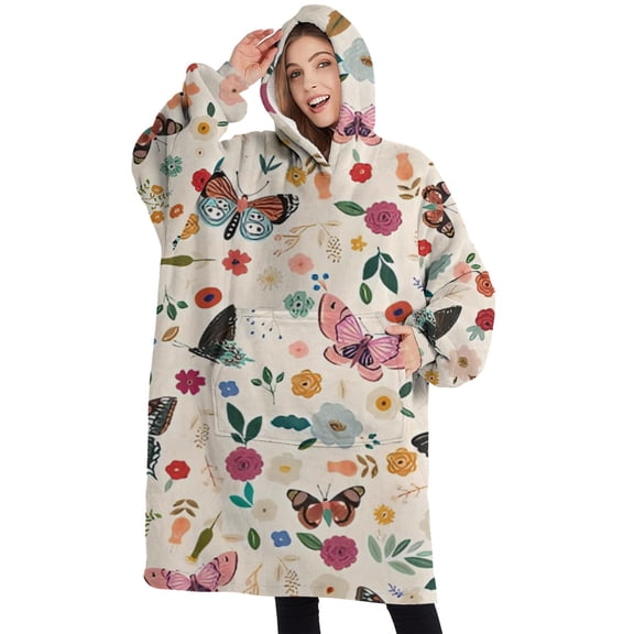 Oversized Wearable Blanket Hoodie,Beige Butterfly Flower Pattern Sherpa Blanket Hoodie with Super Pockets,Super Warm Fuzzy Pullover for Women & Men