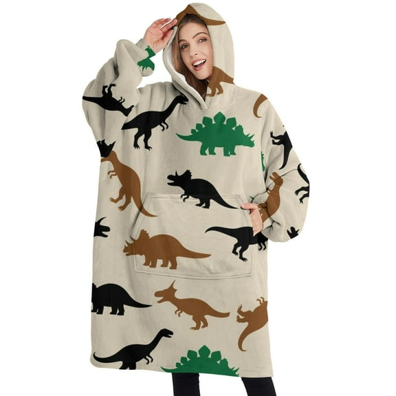 Oversized Wearable Blanket Hoodie,Beige Cartoon Dinosaurs Silhouettes Pattern Sherpa Blanket Hoodie with Super Pockets,Super Warm Fuzzy Pullover for Women & Men