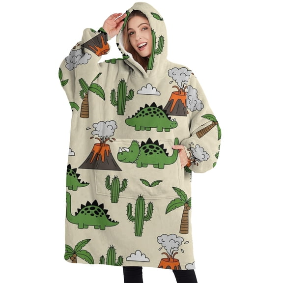 Oversized Wearable Blanket Hoodie,Beige Cartoon Dinosaurs Volcanoes Cacti Pattern Sherpa Blanket Hoodie with Super Pockets,Super Warm Fuzzy Pullover for Women & Men