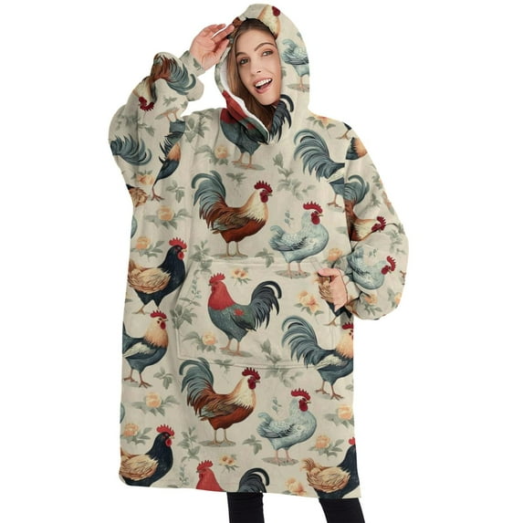 Oversized Wearable Blanket Hoodie,Beige Chicken Floral Pattern Sherpa Blanket Hoodie with Super Pockets,Super Warm Fuzzy Pullover for Women & Men