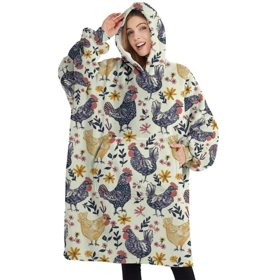 Oversized Wearable Blanket Hoodie,Beige Chicken Floral Pattern Sherpa Blanket Hoodie with Super Pockets,Super Warm Fuzzy Pullover for Women & Men