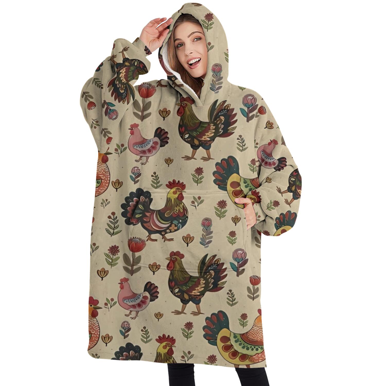 Oversized Wearable Blanket Hoodie,Beige Chicken Folk Pattern Sherpa Blanket Hoodie with Super Pockets,Super Warm Fuzzy Pullover for Women & Men