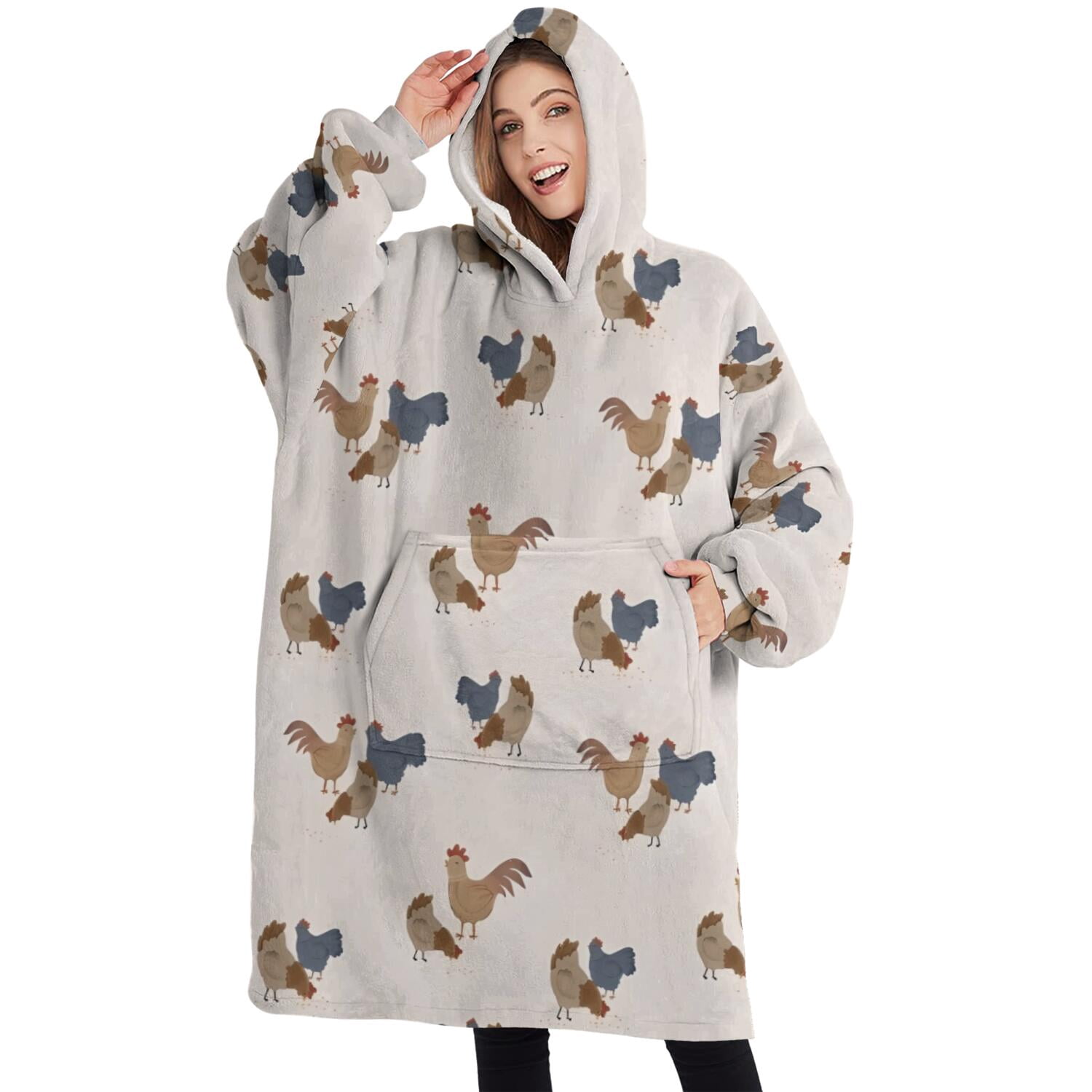Oversized Wearable Blanket Hoodie,Beige Chicken Group Pattern Sherpa Blanket Hoodie with Super Pockets,Super Warm Fuzzy Pullover for Women & Men