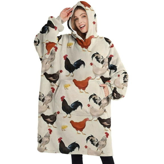 Oversized Wearable Blanket Hoodie,Beige Chicken Pattern Sherpa Blanket Hoodie with Super Pockets,Super Warm Fuzzy Pullover for Women & Men