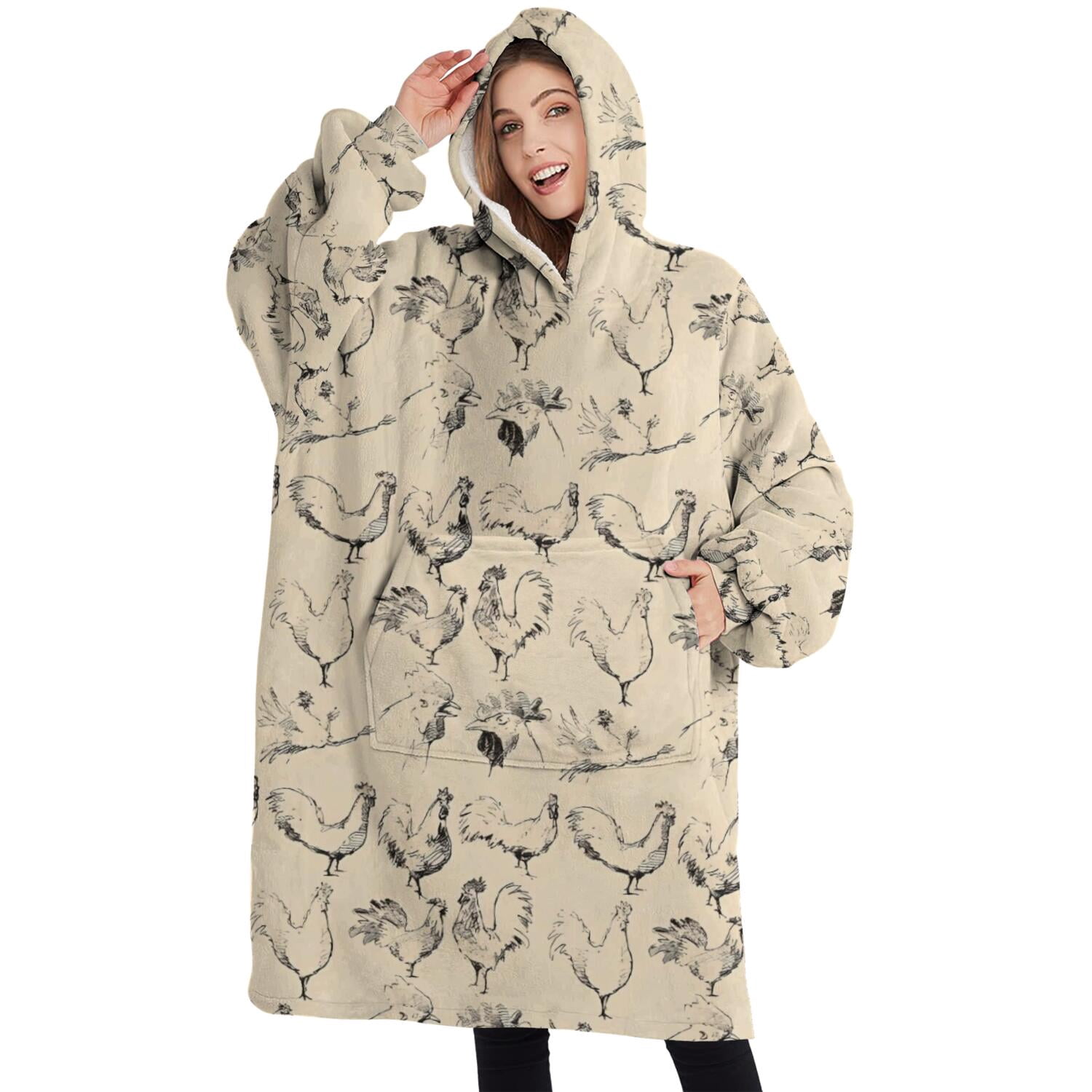 Oversized Wearable Blanket Hoodie,Beige Chicken Sketch Pattern Sherpa Blanket Hoodie with Super Pockets,Super Warm Fuzzy Pullover for Women & Men
