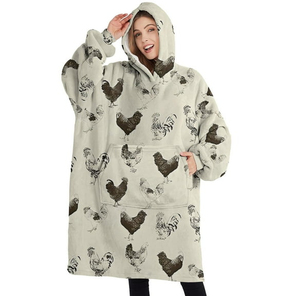 Oversized Wearable Blanket Hoodie,Beige Chicken Sketch Pattern Sherpa Blanket Hoodie with Super Pockets,Super Warm Fuzzy Pullover for Women & Men