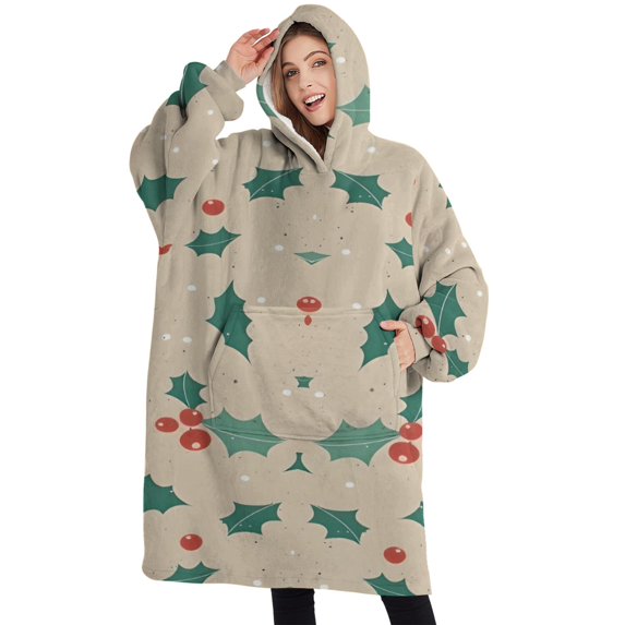 Oversized Wearable Blanket Hoodie,Beige Christmas Holly Pattern Sherpa Blanket Hoodie with Super Pockets,Super Warm Fuzzy Pullover for Women & Men