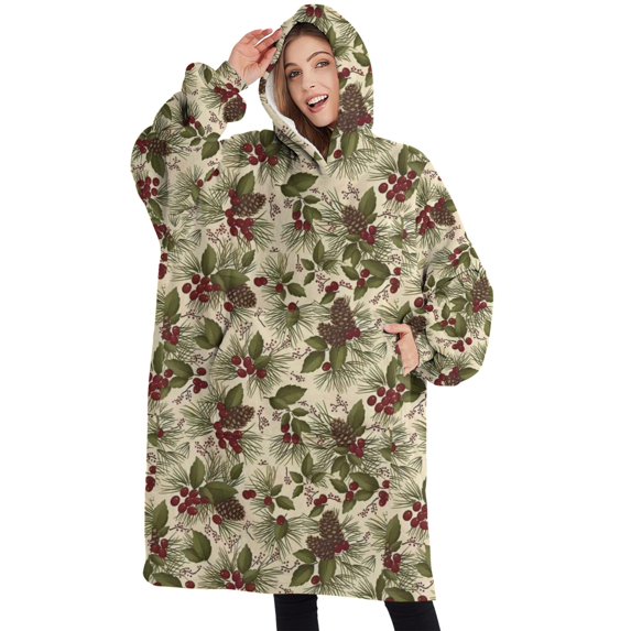 Oversized Wearable Blanket Hoodie,Beige Christmas Pine Cone Pattern Sherpa Blanket Hoodie with Super Pockets,Super Warm Fuzzy Pullover for Women & Men