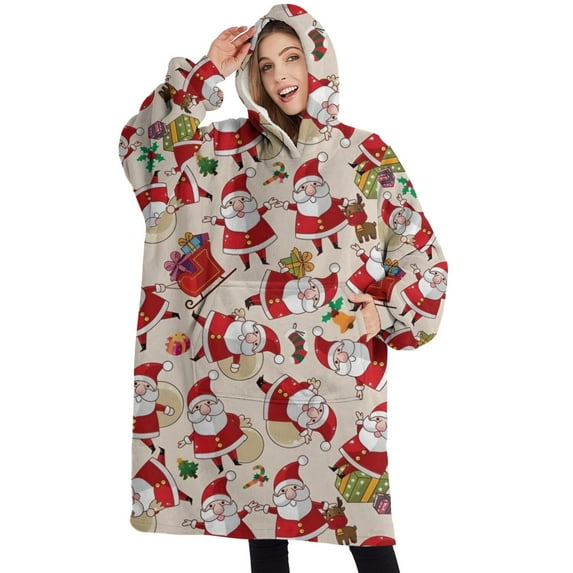 Oversized Wearable Blanket Hoodie,Beige Christmas Santa and Gift Pattern Sherpa Blanket Hoodie with Super Pockets,Super Warm Fuzzy Pullover for Women & Men