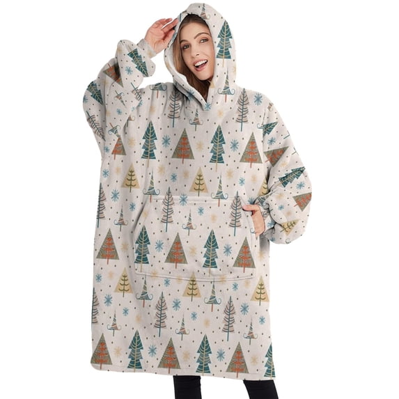 Oversized Wearable Blanket Hoodie,Beige Christmas Tree Pattern Sherpa Blanket Hoodie with Super Pockets,Super Warm Fuzzy Pullover for Women & Men