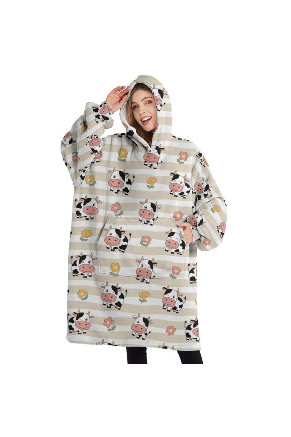 Oversized Wearable Blanket Hoodie,Beige Cow Flower Pattern Sherpa Blanket Hoodie with Super Pockets,Super Warm Fuzzy Pullover for Women & Men
