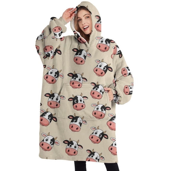 Oversized Wearable Blanket Hoodie,Beige Cow Head Pattern Sherpa Blanket Hoodie with Super Pockets,Super Warm Fuzzy Pullover for Women & Men