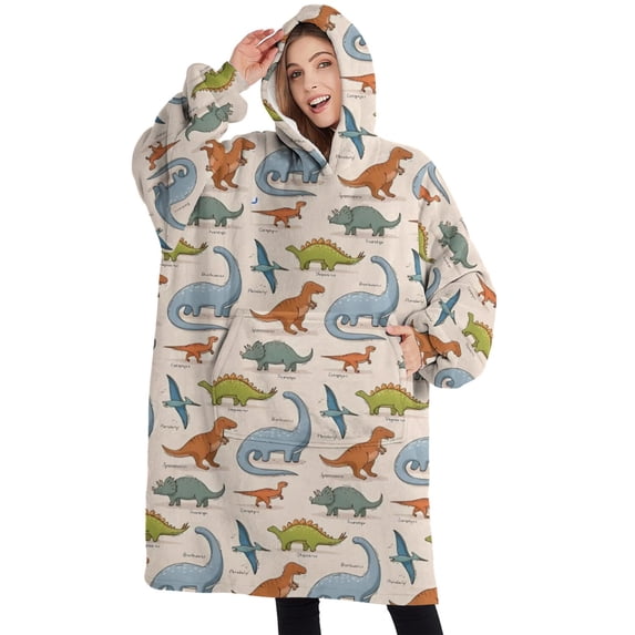 Oversized Wearable Blanket Hoodie,Beige Dinosaurs Birds Pattern Sherpa Blanket Hoodie with Super Pockets,Super Warm Fuzzy Pullover for Women & Men