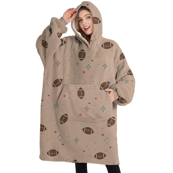 Oversized Wearable Blanket Hoodie,Beige Football and Stars Pattern Sherpa Blanket Hoodie with Super Pockets,Super Warm Fuzzy Pullover for Women & Men