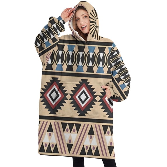 Oversized Wearable Blanket Hoodie,Beige Geometric Diamond Sun Pattern Sherpa Blanket Hoodie with Super Pockets,Super Warm Fuzzy Pullover for Women & Men