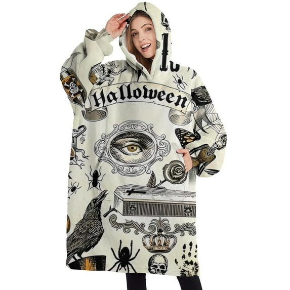 Oversized Wearable Blanket Hoodie,Beige Halloween Skull Pumpkin Pattern Sherpa Blanket Hoodie with Super Pockets,Super Warm Fuzzy Pullover for Women & Men