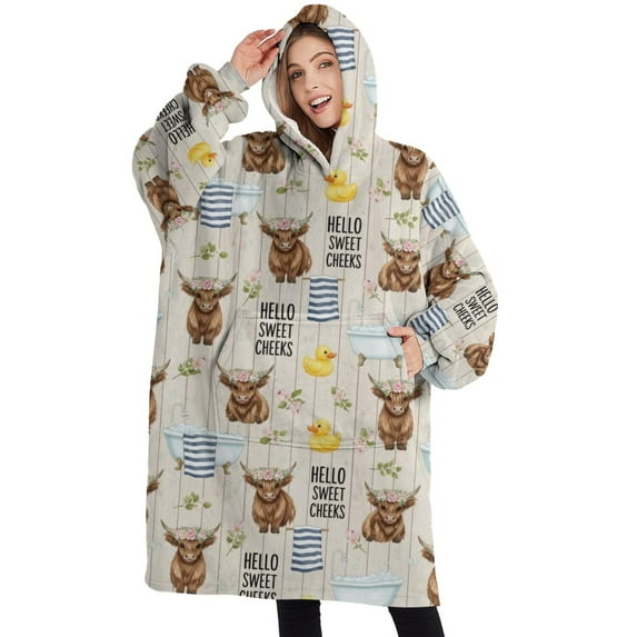 Oversized Wearable Blanket Hoodie,Beige Highland Cow Bathtub Flower Pattern Sherpa Blanket Hoodie with Super Pockets,Super Warm Fuzzy Pullover for Women & Men