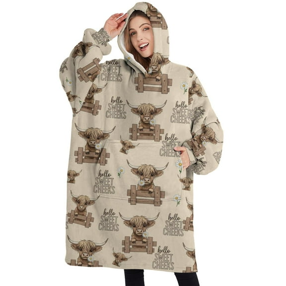 Oversized Wearable Blanket Hoodie,Beige Highland Cow Fence Pattern Sherpa Blanket Hoodie with Super Pockets,Super Warm Fuzzy Pullover for Women & Men