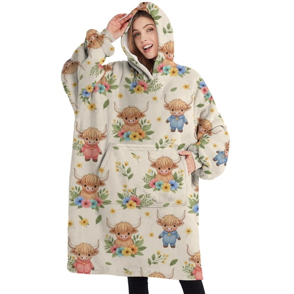 Oversized Wearable Blanket Hoodie,Beige Highland Cow Flower Cartoon Pattern Sherpa Blanket Hoodie with Super Pockets,Super Warm Fuzzy Pullover for Women & Men