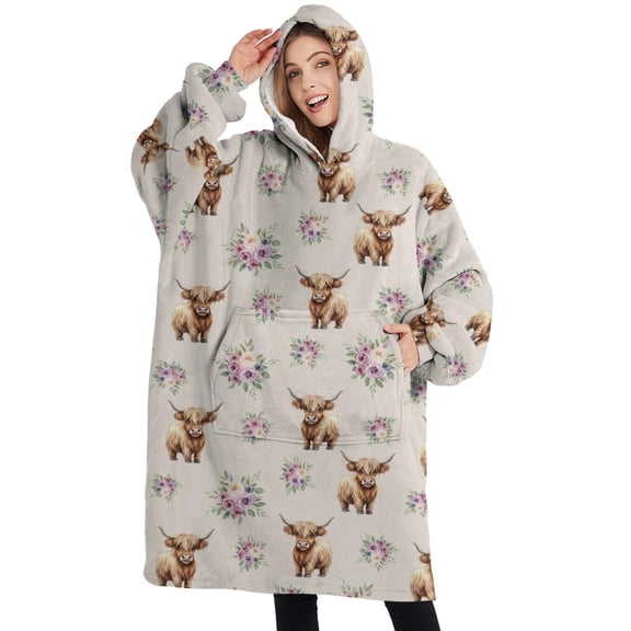 Oversized Wearable Blanket Hoodie,Beige Highland Cow Flower Pattern Sherpa Blanket Hoodie with Super Pockets,Super Warm Fuzzy Pullover for Women & Men