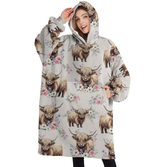 Oversized Wearable Blanket Hoodie,Beige Highland Cow Flower Pattern Sherpa Blanket Hoodie with Super Pockets,Super Warm Fuzzy Pullover for Women & Men