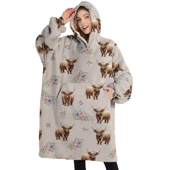 Oversized Wearable Blanket Hoodie,Beige Highland Cow Flower Pattern Sherpa Blanket Hoodie with Super Pockets,Super Warm Fuzzy Pullover for Women & Men
