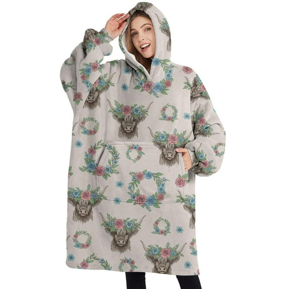 Oversized Wearable Blanket Hoodie,Beige Highland Cow Flower Wreath Pattern Sherpa Blanket Hoodie with Super Pockets,Super Warm Fuzzy Pullover for Women & Men