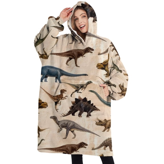 Oversized Wearable Blanket Hoodie,Beige Realistic Dinosaurs Pattern Sherpa Blanket Hoodie with Super Pockets,Super Warm Fuzzy Pullover for Women & Men