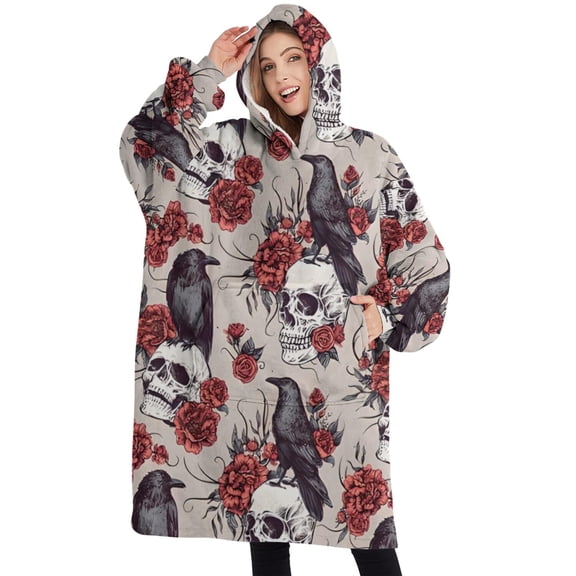 Oversized Wearable Blanket Hoodie,Beige Skull Crow Flower Pattern Sherpa Blanket Hoodie with Super Pockets,Super Warm Fuzzy Pullover for Women & Men