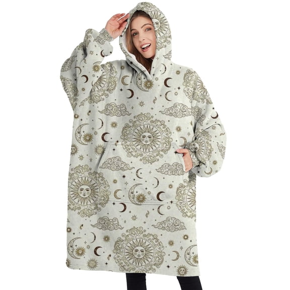 Oversized Wearable Blanket Hoodie,Beige Sun Moon Cloud Star Pattern Sherpa Blanket Hoodie with Super Pockets,Super Warm Fuzzy Pullover for Women & Men