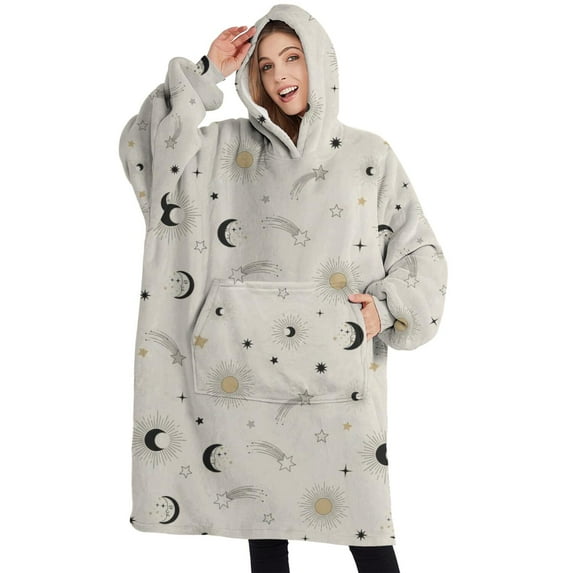 Oversized Wearable Blanket Hoodie,Beige Sun Moon Star Comet Pattern Sherpa Blanket Hoodie with Super Pockets,Super Warm Fuzzy Pullover for Women & Men