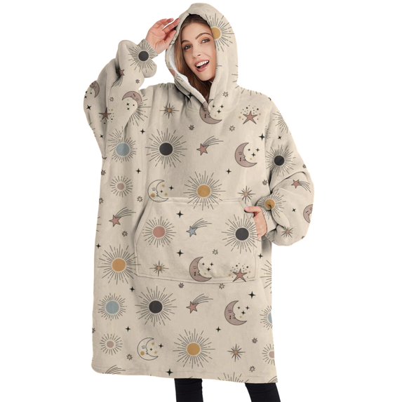 Oversized Wearable Blanket Hoodie,Beige Sun Moon Star Comet Pattern Sherpa Blanket Hoodie with Super Pockets,Super Warm Fuzzy Pullover for Women & Men