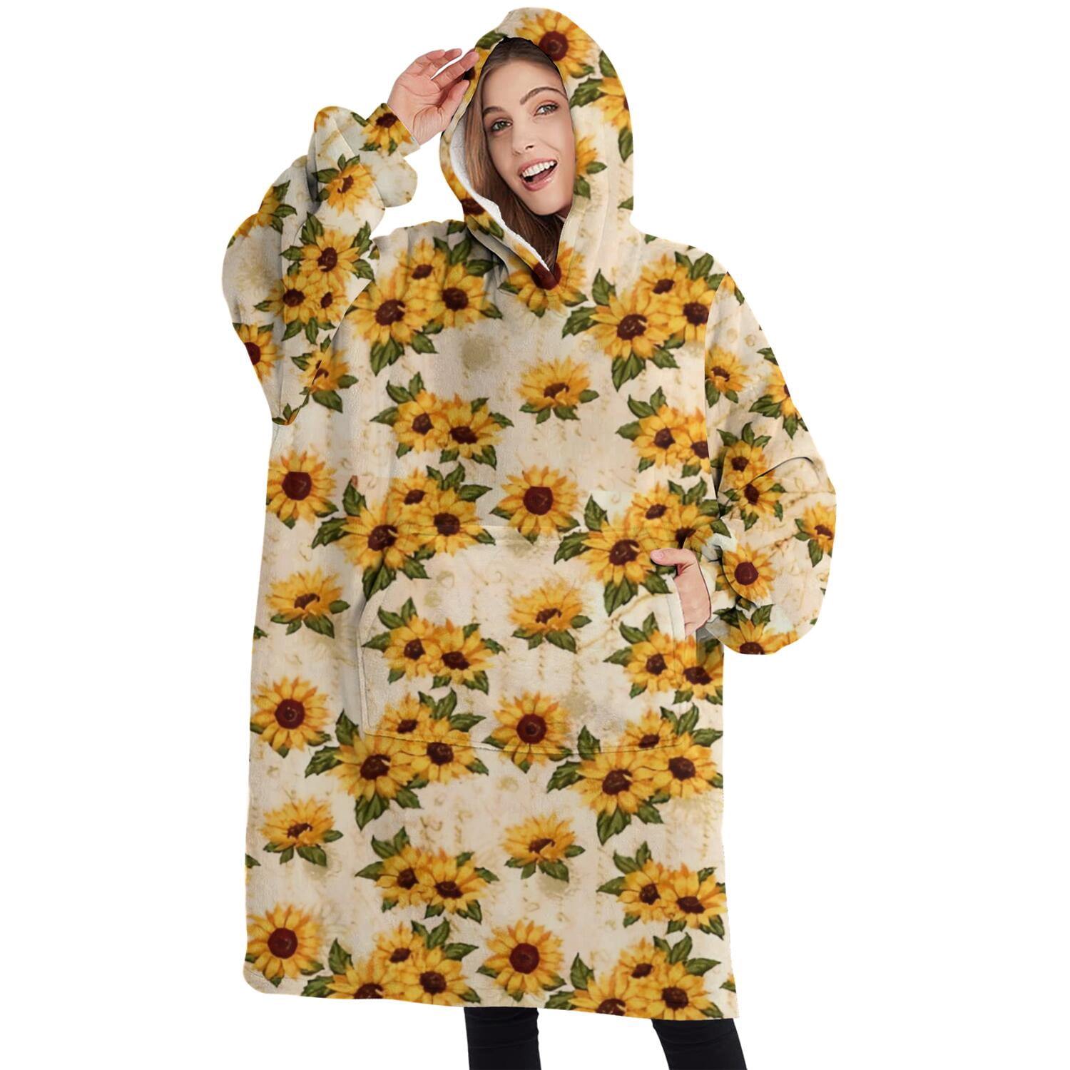 Oversized Wearable Blanket Hoodie,Beige Sunflower Cluster Pattern Sherpa Blanket Hoodie with Super Pockets,Super Warm Fuzzy Pullover for Women & Men