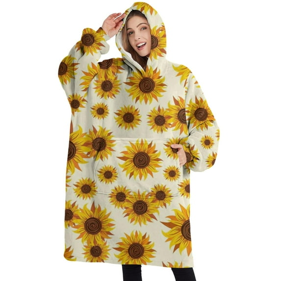 Oversized Wearable Blanket Hoodie,Beige Sunflower Pattern Sherpa Blanket Hoodie with Super Pockets,Super Warm Fuzzy Pullover for Women & Men