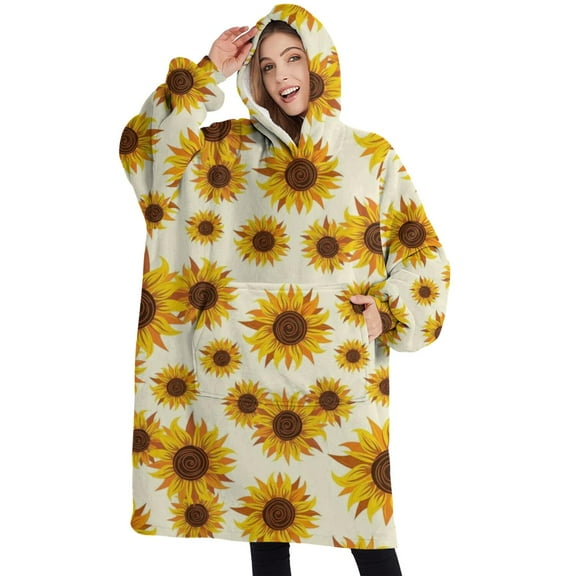 Oversized Wearable Blanket Hoodie,Beige Sunflower Pattern Sherpa Blanket Hoodie with Super Pockets,Super Warm Fuzzy Pullover for Women & Men