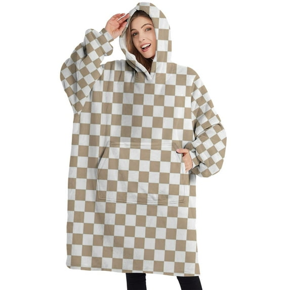 Oversized Wearable Blanket Hoodie,Beige and White Checkerboard Pattern Sherpa Blanket Hoodie with Super Pockets,Super Warm Fuzzy Pullover for Women & Men