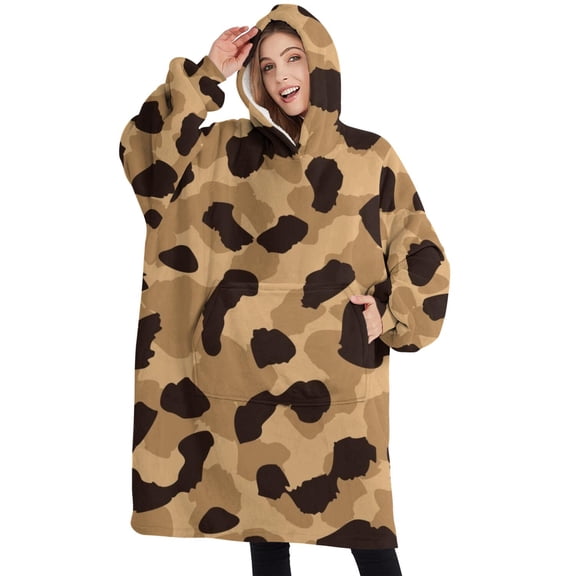 Oversized Wearable Blanket Hoodie,Beige and Black Leopard Pattern Sherpa Blanket Hoodie with Super Pockets,Super Warm Fuzzy Pullover for Women & Men