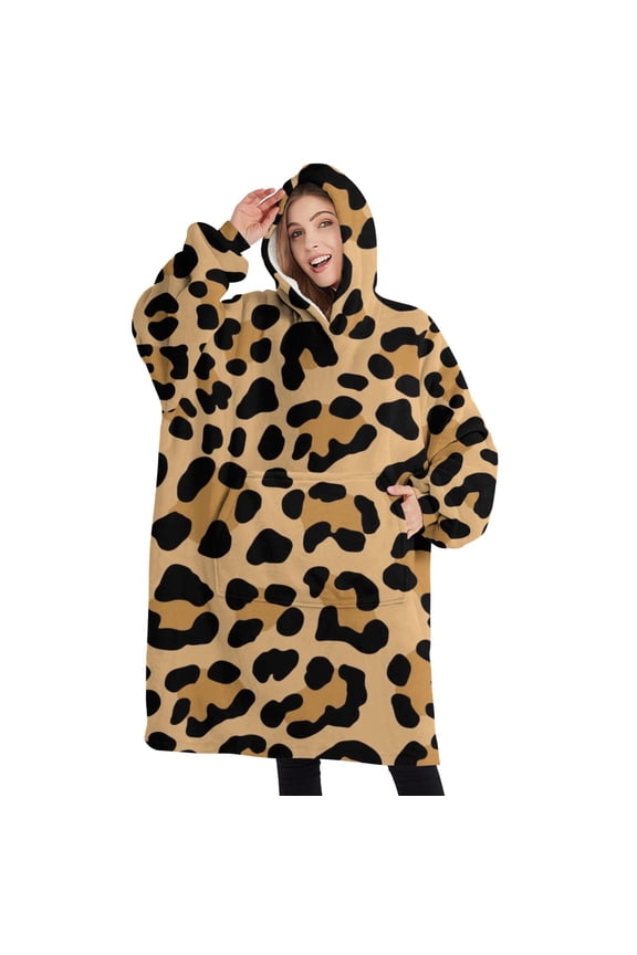 Oversized Wearable Blanket Hoodie,Beige and Black Of Leopard Print Sherpa Blanket Hoodie with Super Pockets,Super Warm Fuzzy Pullover for Women & Men