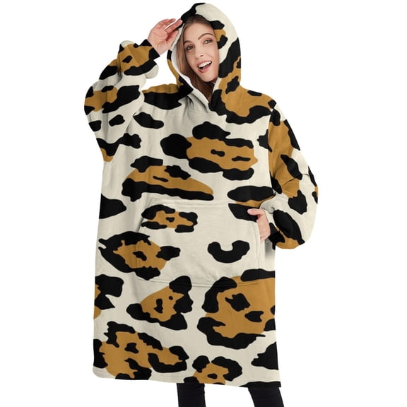 Oversized Wearable Blanket Hoodie,Beige and Black Of Leopard Print Sherpa Blanket Hoodie with Super Pockets,Super Warm Fuzzy Pullover for Women & Men