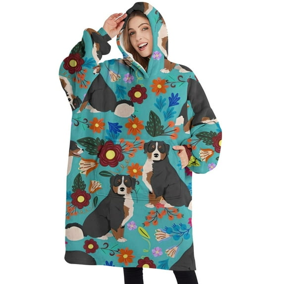Oversized Wearable Blanket Hoodie,Bernese Mountain and Flower Sherpa Blanket Hoodie with Super Pockets,Super Warm Fuzzy Pullover for Women & Men