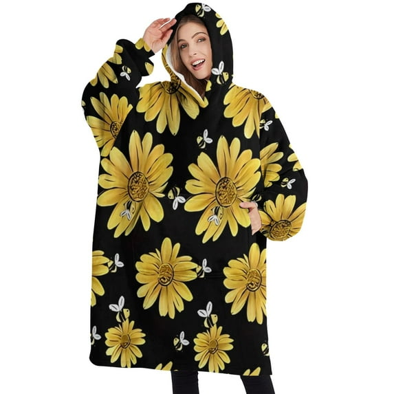 Oversized Wearable Blanket Hoodie,Black Bee Yellow Flower Pattern Sherpa Blanket Hoodie with Super Pockets,Super Warm Fuzzy Pullover for Women & Men