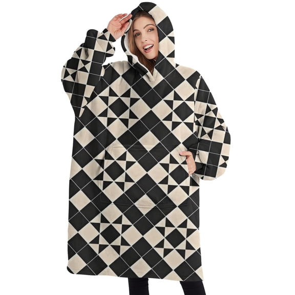 Oversized Wearable Blanket Hoodie,Black Beige Checkerboard Checkered Pattern Sherpa Blanket Hoodie with Super Pockets,Super Warm Fuzzy Pullover for Women & Men