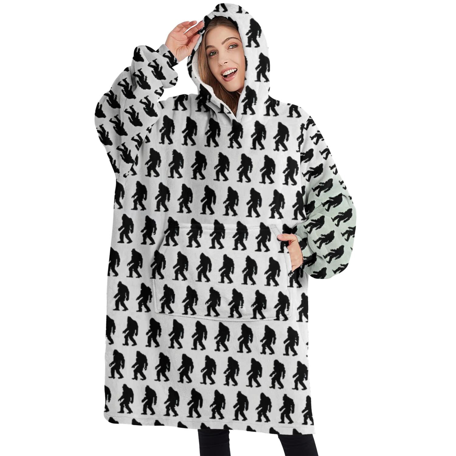 Oversized Wearable Blanket Hoodie,Black Bigfoot Pattern Sherpa Blanket Hoodie with Super Pockets,Super Warm Fuzzy Pullover for Women & Men